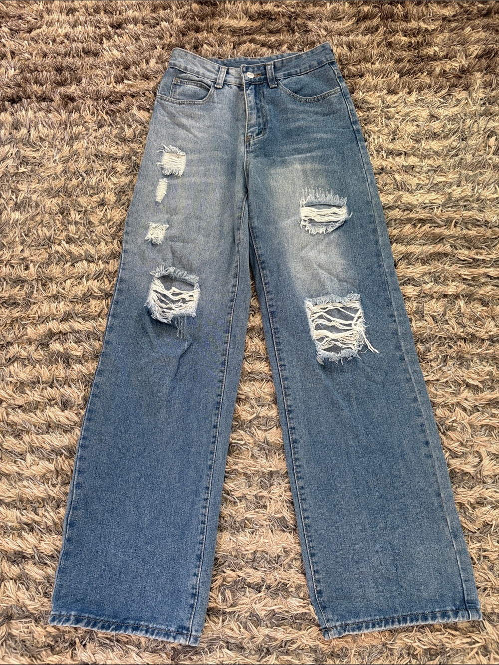 High-Rise Distressed Wide Leg Jeans in Light Blue NWOT XS